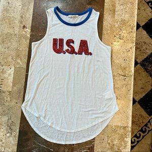 Women’s EXPRESS ONE ELEVEN SZ S White Graphic  “USA” Crystal Ringer Tank
